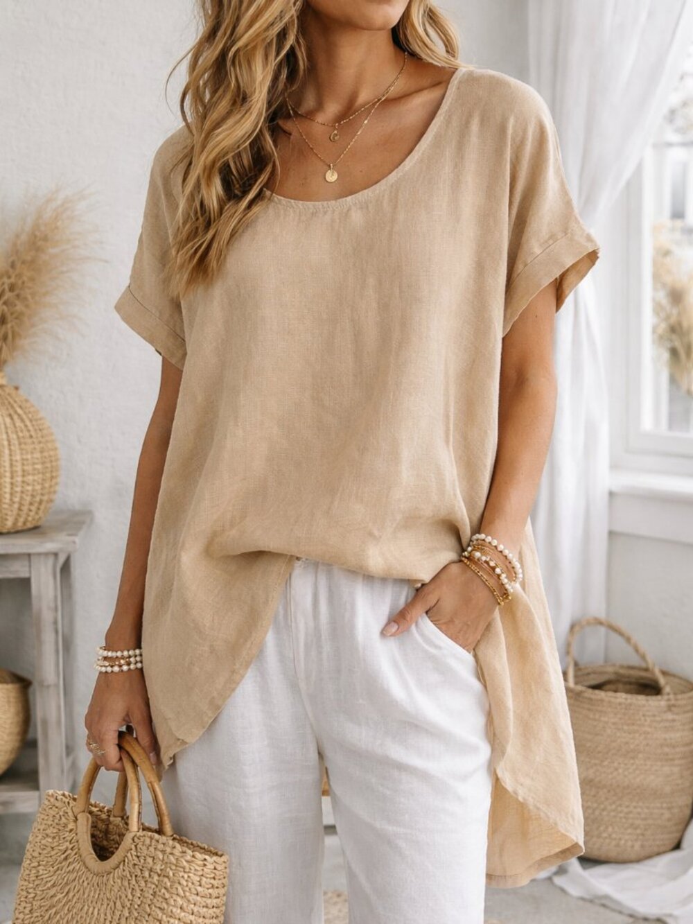 Made in Italy 💚 Linen Tunic M Beige Oversized High Low Minimalist Coastal Top